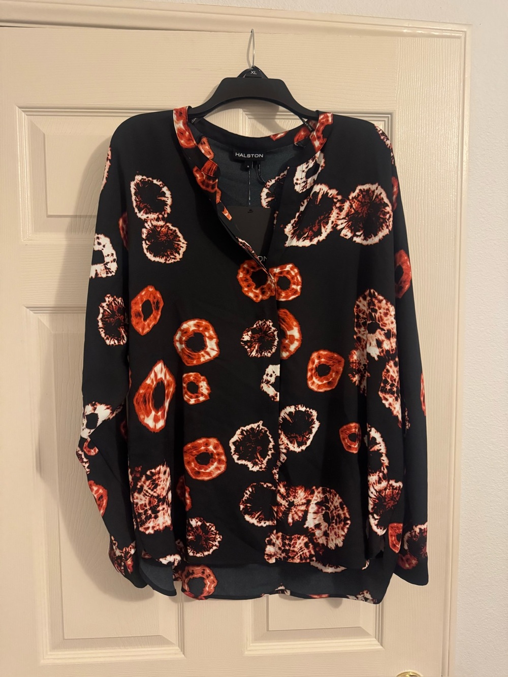 Halston Heritage Black Blouse with Orange Abstract Spots